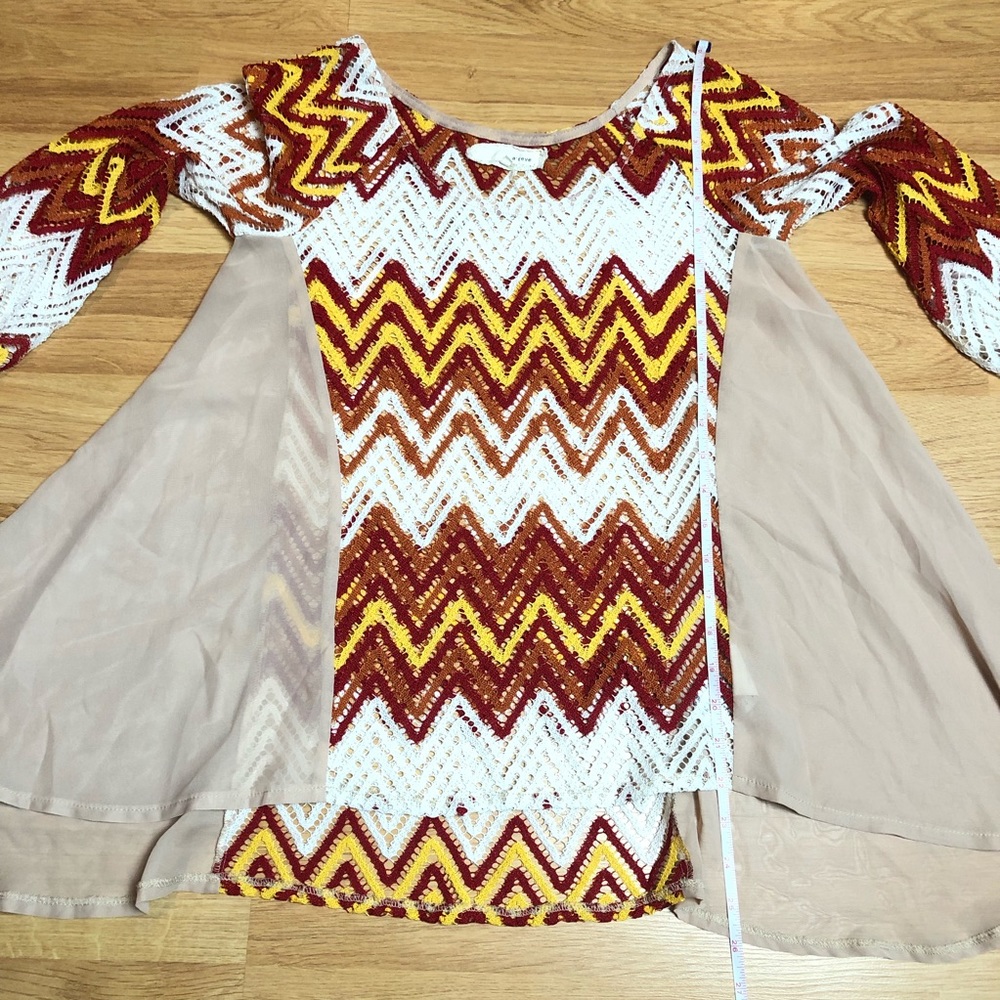 A’REVE chevron striped fall fire crochet knit shirt blouse sheer layers Sz Small - Picture 9 of 15